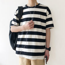 Load image into Gallery viewer, Fashion black and white striped short sleeve men t shirt summer Hot Sale loose Harbor style Vintage Casual All-match clotehs